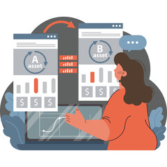 Woman Analyzing A B Testing Data With Charts Graphs And Financial Information Displayed On Screens And Laptop Showing Performance Metrics And Investment Growth