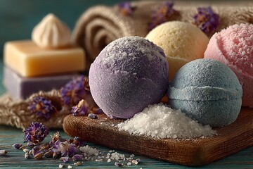 Assortment of colorful bath bombs, soaps, sea salt, and lavender creates a relaxing spa atmosphere.