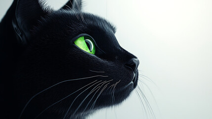 A close up of a black cat with bright green eyes in profile view