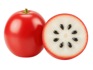 Whole and sliced vibrant red star apple fruit showing interior detail