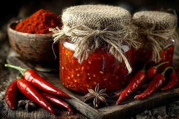 Homemade spicy chili sauce in jars with red chili peppers and spices on rustic wooden background.