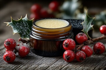 Christmas-themed skincare with a jar of cream, holly berries, and snow on a rustic wooden table.