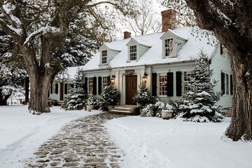 A charming snow-covered colonial home with a stone pathway, surrounded by lush winter greenery