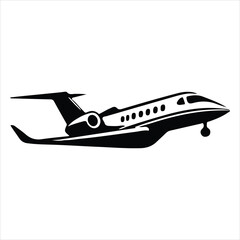 Sleek private jet aircraft in silhouette isolated on white background