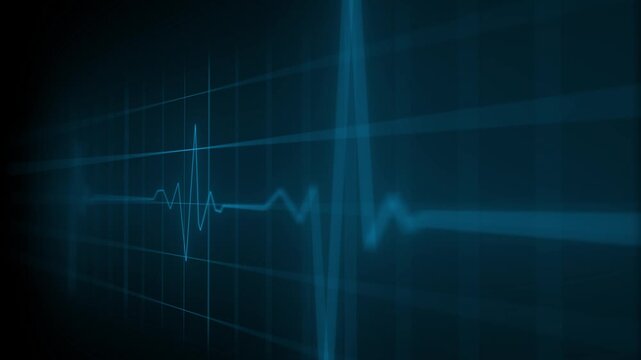 Blue EKG heartbeat line pulses on a grid background, simulating a futuristic medical monitor. For health or technology concepts