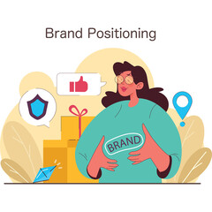 Woman And Brand Positioning Graphic With Social Media Icons And Product Boxes Illustration