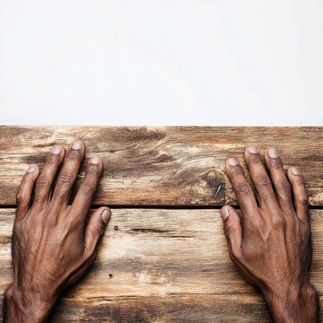 Hands resting on a rustic wooden table in a calm indoor setting during daylight