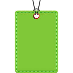 Blank Green Rectangular Sale Tag With Dashed White Stitching and Metal Grommet Hanging From Black String