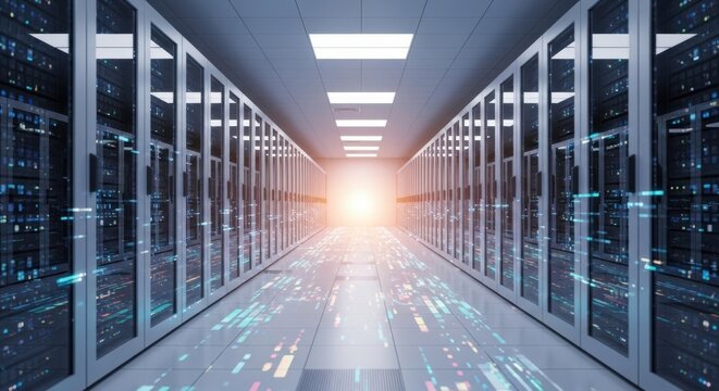 Data center corridor view with illuminated end, showcasing rows of servers and digital connections