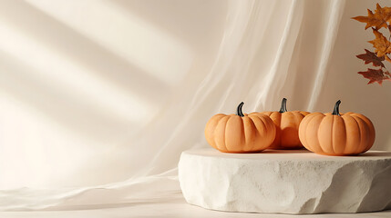 Three orange pumpkins on a white stone with a cream colored backdrop