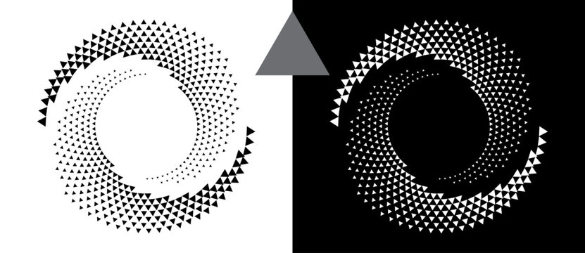 Abstract background with triangles in circle. Art design spiral as logo or icon. A black figure on a white background and an equally white figure on the black side.