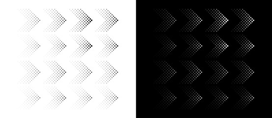 Set of arrows with halftone effect. Black figures on a white background and an equally white figures on the black side.