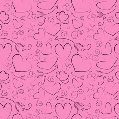 Bold emo seamless vector pattern featuring a dense arrangement of hand drawn sketchy black hearts, arrows, and stars on a hot pink background, perfect for youthful gift wrap or Valentine's designs.