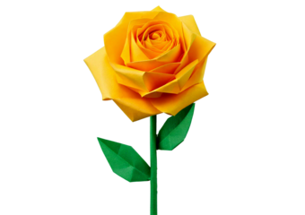 Yellow origami rose with green stem and folded leaves, crafted with sharp creases. isolated on transparent or white background