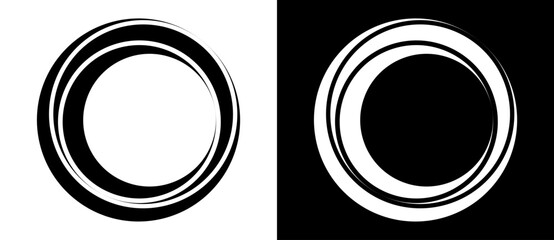 Rotating art lines in circle shape as symbol, logo or icon. A black figure on a white background and an equally white figure on the black side.