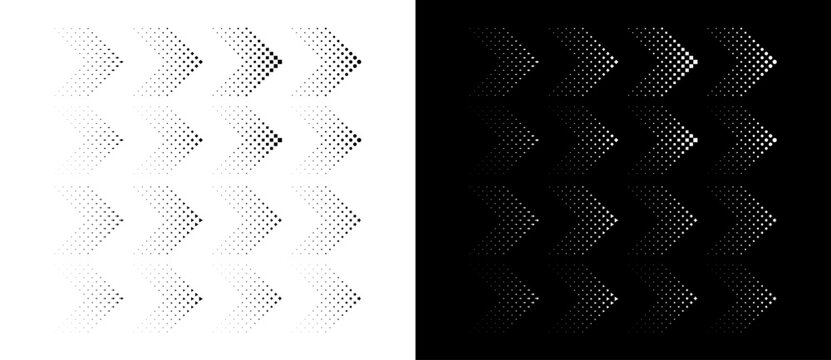 Set of arrows with halftone effect. Black figures on a white background and an equally white figures on the black side.