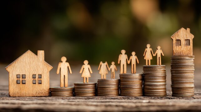 Wooden Figures Symbolize Family Growth and Housing Investment on Top of Stacks of Coins in a Natural Setting