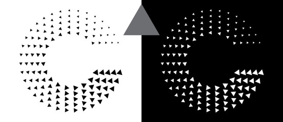 Abstract background with triangles in circle. Art design spiral as logo or icon. A black figure on a white background and an equally white figure on the black side.