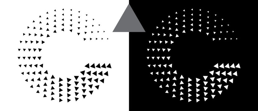 Abstract background with triangles in circle. Art design spiral as logo or icon. A black figure on a white background and an equally white figure on the black side.