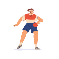 Ping pong player. Woman athlete in action, motion with pingpong racket in hand. Active female playing sport game, training with raquet. Flat vector illustration isolated on white background