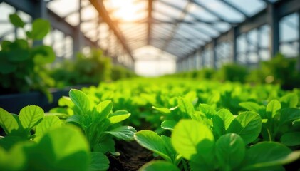 Vibrant green plants thriving in a modern greenhouse, bathed in sunlight streaming through the glass panels Ideal for agricultural, horticultural, and environmental themes , harvest, summer