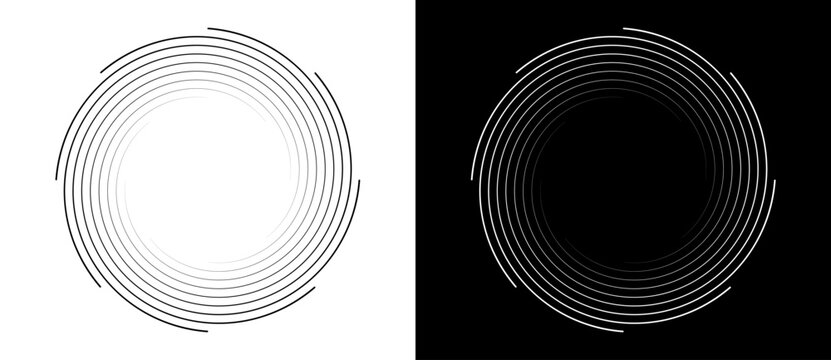 Abstract background with lines in circle. Creative spiral as logo or icon, sun concept. Black lines on a white background and white lines on the black side.