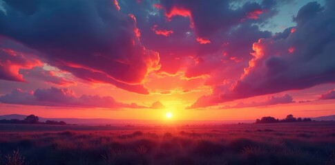 Fototapeta premium Vibrant hues paint the sky as the sun dips below the horizon, casting an unforgettable, fiery glow over a tranquil landscape Perfect for travel, nature, and atmospheric imagery , stunning, beach, red