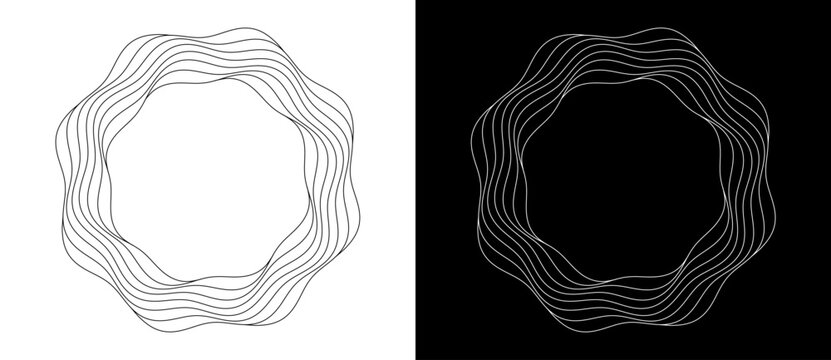 Circle with wave lines as dynamic abstract vector background or logo or icon. Flower concept. Black spiral on white background and white spiral on black background.