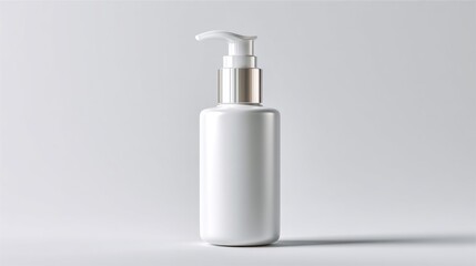Obraz premium White plastic bottle with silver pump dispenser on a solid light gray background