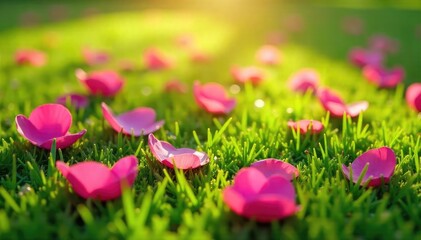 Vibrant pink flower petals scattered on lush green grass, bathed in sunlight Perfect for spring, nature, and floral themes Ideal for websites, blogs, and advertising , spring, texture, design