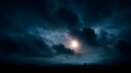 Fototapeta premium Two Silhouettes Stand Against a Dramatic Stormy Sky Illuminated by a Bright Celestial Light Creating an Atmospheric Twilight Scene