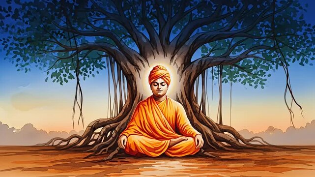 Serene Swami Vivekananda Jayanti Illustration National Youth Day India Celebration with Meditating Monk beneath Banyan Tree