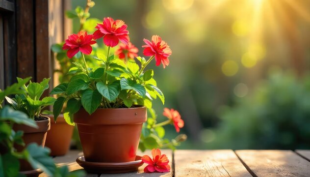 Fototapeta Vibrant potted flowering plant in a rustic terracotta pot, bathed in sunlight  Perfect for home decor, gardening, and springtime themes , potted plant,  flora,  growth
