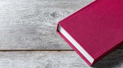 Close up shows a magenta hardcover book with white pages on a gray weathered wooden surface