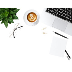 Flat Lay of Office Desk with Laptop and Coffee Cup