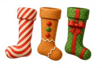 Christmas stockings group with candy cane stripes, gingerbread, and polka dot designs, transparent background