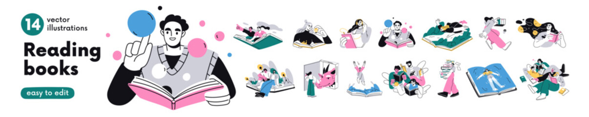 Book concepts, readers set. People read fantasy, fiction, education literature, learning dream world, studying. Imagination, knowledge. Flat graphic vector illustrations isolated on white background