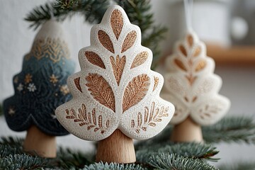 Elegant handcrafted Christmas tree ornaments with intricate embroidered designs, perfect for winter holidays.