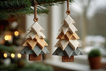 Elegant geometric wooden Christmas tree ornaments hanging on a Christmas tree branch