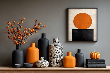 Stylish autumn home decor with orange and black vases, pumpkin, and abstract art