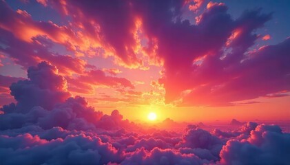 Vibrant sunset paints the sky with fiery oranges, pinks, and purples as fluffy clouds drift lazily across the horizon A breathtaking spectacle of nature's artistry , sky, vibrant, awesome