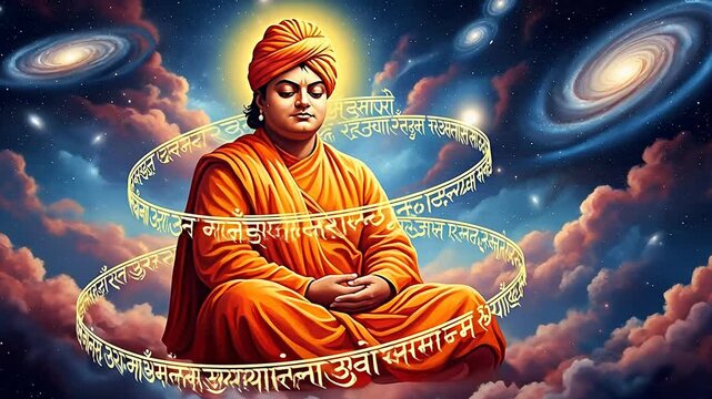 Swami Vivekananda Jayanti Meditative Portrait Celebrating National Youth Day India, Wisdom and Spirituality in a Cosmic Setting