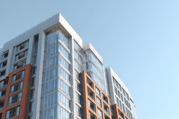 Modern residential building showcasing contemporary architecture against a clear blue sky in an urban setting during daylight hours