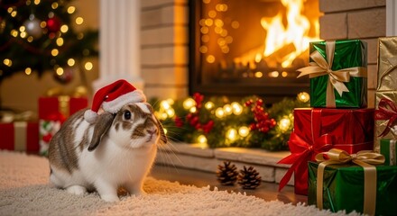 Adorable dwarf rabbit wearing Santa hat sitting by fireplace and Christmas tree with gift boxes, cozy festive living room holiday decoration