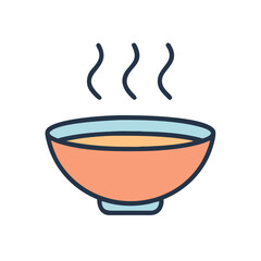Colored line vector icon of a bowl with hot soup and steam lines