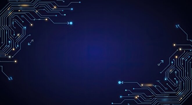 Digital circuit board background with glowing lines and dots, representing advanced technology and data flow.