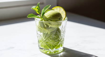 Refreshing green smoothie topped with fresh mint and lime slices in a tall glass