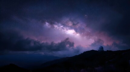 A stunning view of the Milky Way galaxy stretching across a dark star filled night sky with a solitary observatory dome silhouetted on a remote