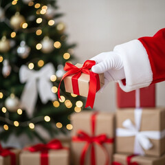 Santa claus extends a beautifully wrapped gift in front of a festive glowing christmas tree