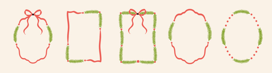 Christmas frame set with fir branches, ribbons, bows, and playful doodle lines. Festive vector design ideal for New Year invitations, greeting cards, posters, and decorations.Vintage hand-drawn style.